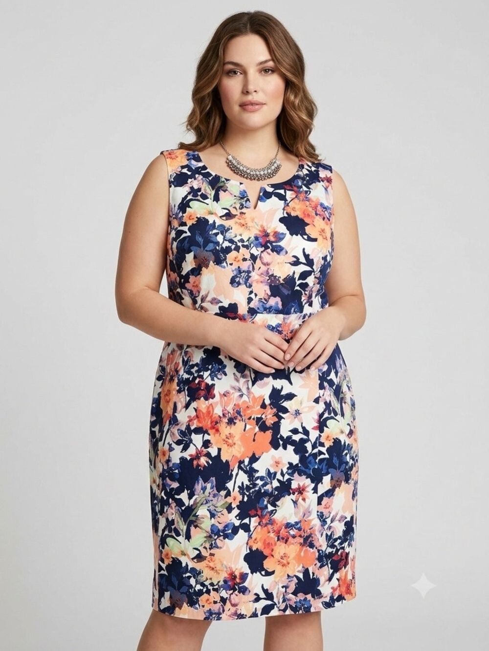 SIGNATURE COLLECTION Floral Sleeveless V Neck Shift Dress Navy Coral Cream 22W